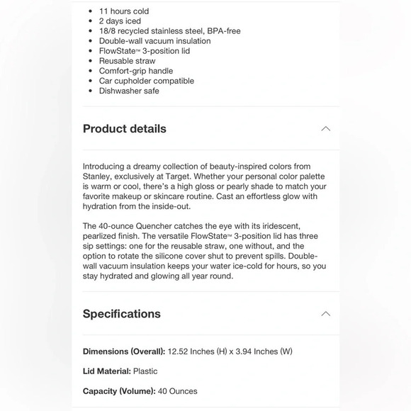 Stanley Tumbler 40oz Stainless Steel H2.0 FlowState Quencher  Mauve Shimmer NEW - Picture 14 of 14